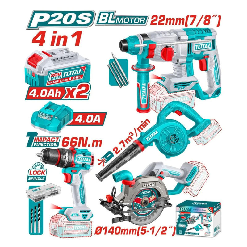 Total TOSLI250695 | Cordless 4 Pcs Combo Kit - 20V with Batteries & Charger
