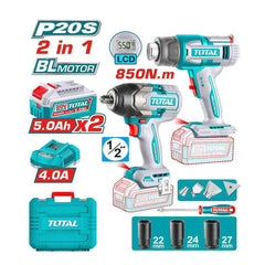 Total TOSLI250983 | Cordless 2 Pcs Combo Kit - 20V Impact Wrench & Heat Gun with Batteries & Charger