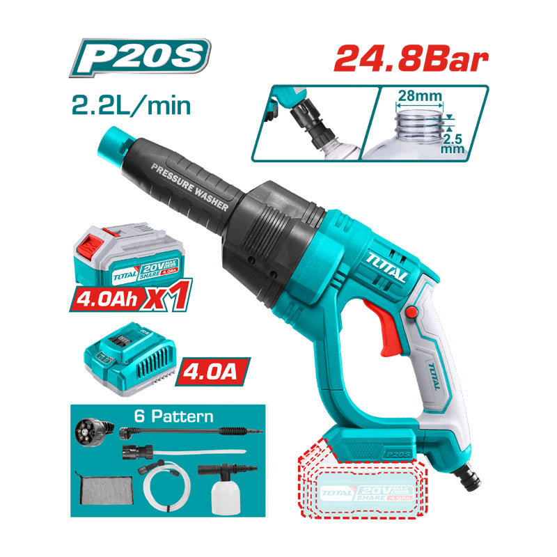 Total TPWLI20084 | Cordless Pressure Washer - 20V 24.8Bar with Battery & Charger