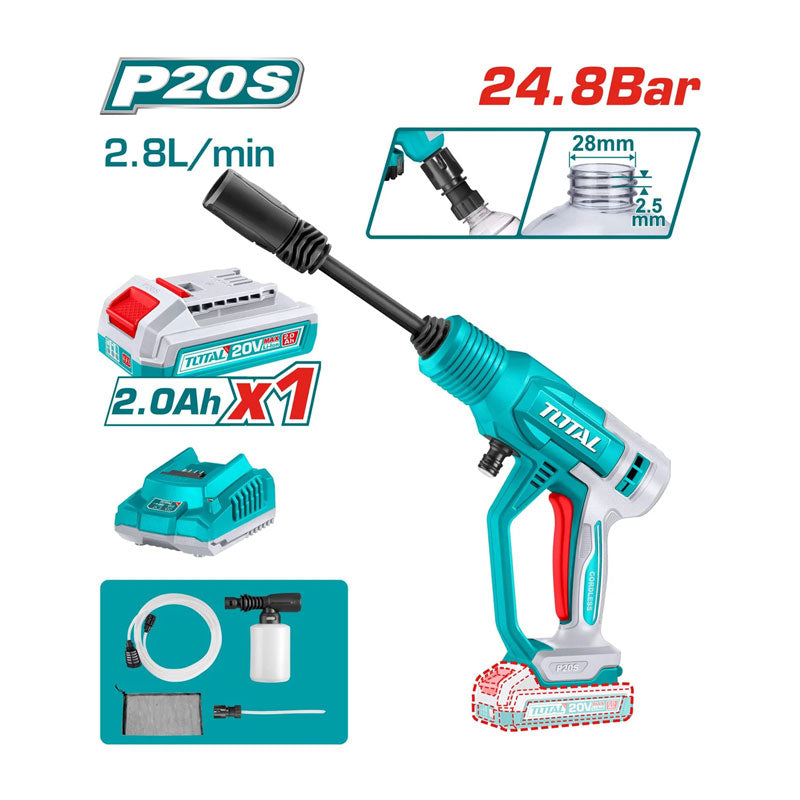 Total TPWLI20362 | Cordless Pressure Washer - 20V 24.8Bar with Battery & Charger