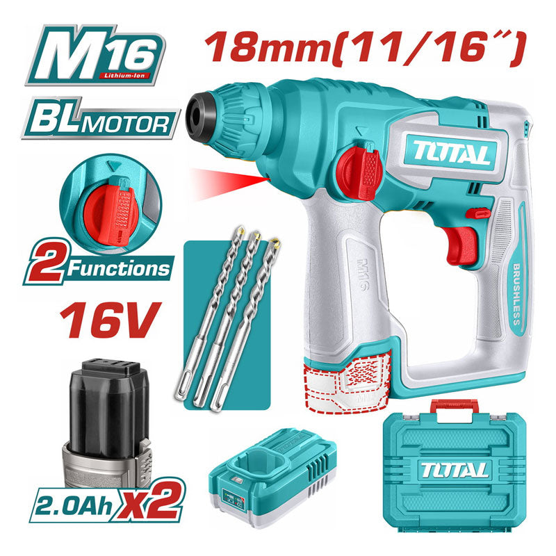 Total TRHLI16168 | Cordless Rotary Hammer - 16V - 18mm with Batteries & Charger