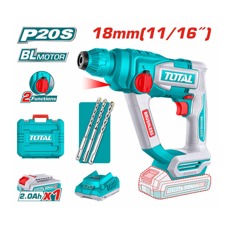 Total TRHLI201881 | Brushless Cordless Rotary Hammer - 20V 18mm with Battery & Charger