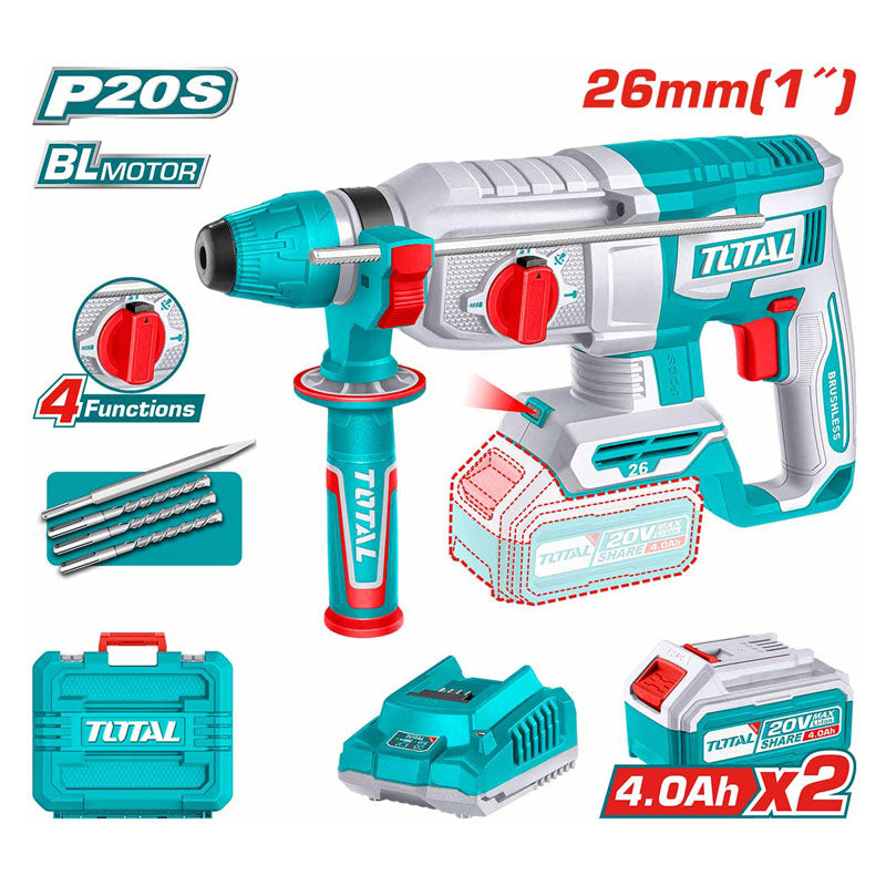 Total TRHLI202682 | Brushless Cordless Rotary Hammer - 20V 26mm with Batteries & Charger