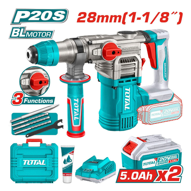 Total TRHLI202885 | Brushless Cordless Rotary Hammer - 20V 28mm with Batteries & Charger