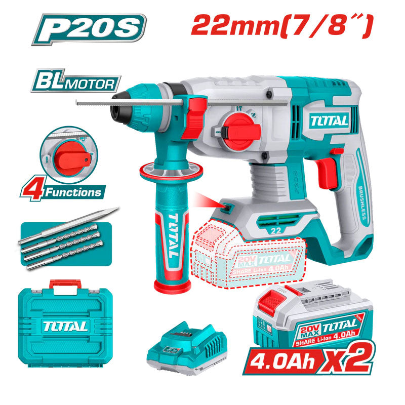 Total TRHLI212282 | Brushless Cordless Rotary Hammer - 20V 22mm with Batteries & Charger