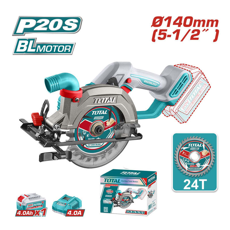 Total TSLI14023 | Brushless Cordless Circular Saw - 20V 140mm with Battery & Charger