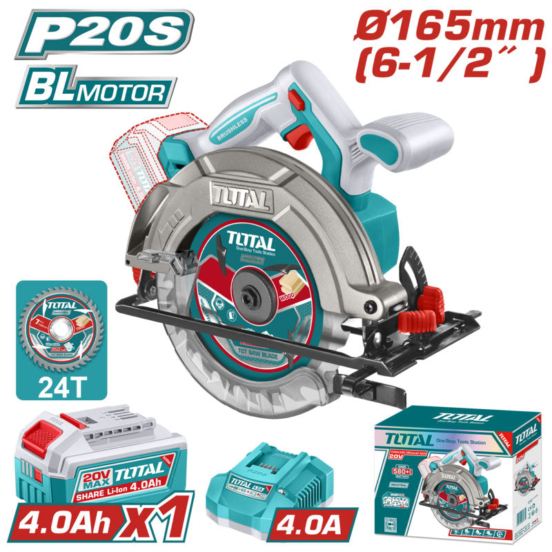 Total TSLI16523 | Brushless Cordless Circular Saw - 20V 165mm with Battery & Charger