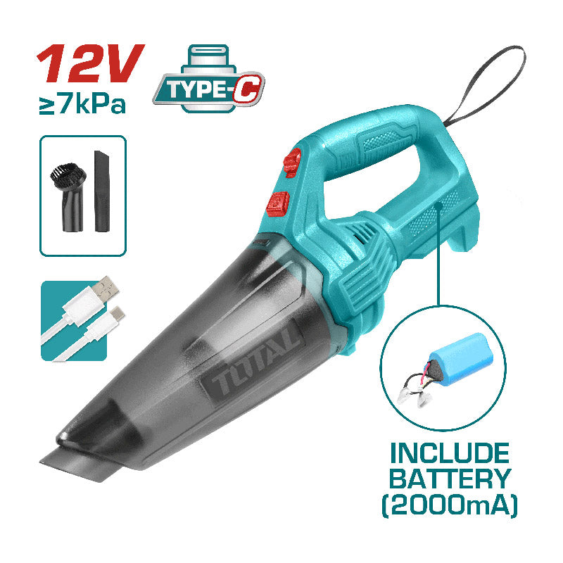 Total TVLI2026 | Cordless Vacuum Cleaner - 12V 0.5L with Built-in Battery & Charger