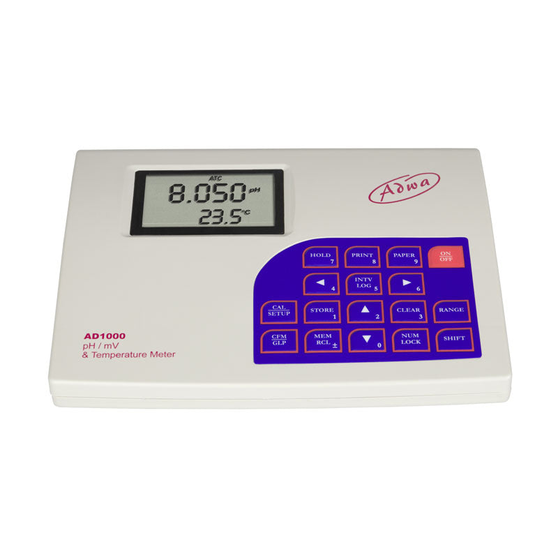 ADWA AD1000 | Professional pH, ORP & Temperature Bench Meter with GLP and a digital display screen and a purple button panel on a white background.
