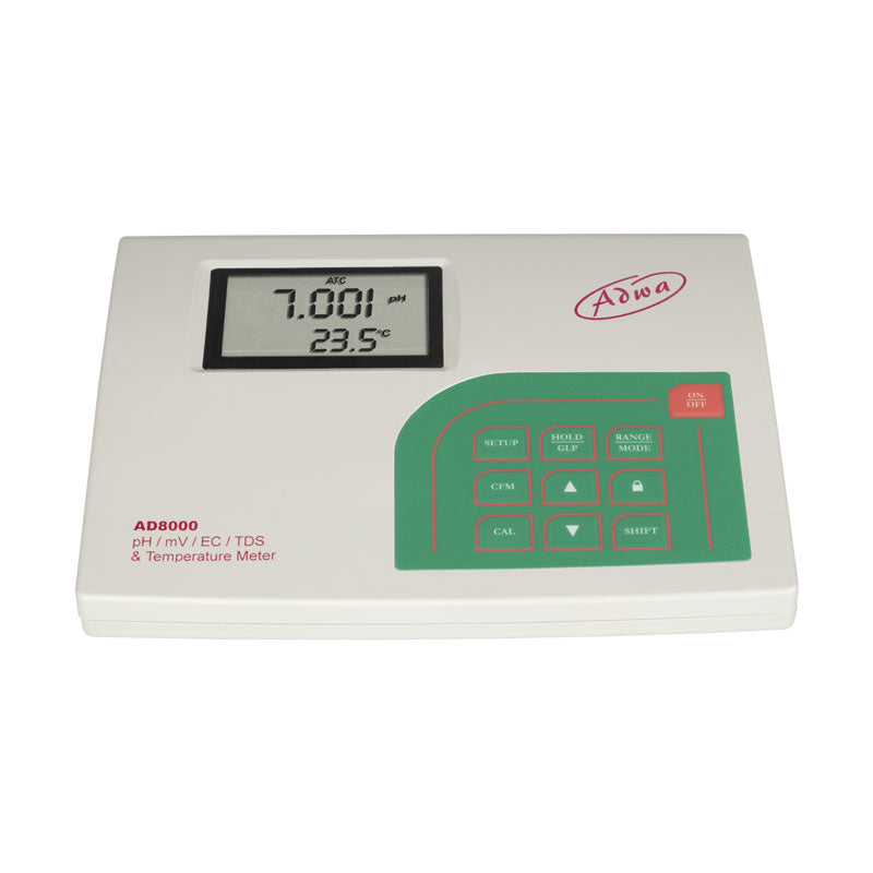 ADWA AD8000 | Professional pH, ORP, Conductivity, TDS & Temperature Bench Meter with a white plastic casing, a green control panel on the front, and a digital LCD screen.