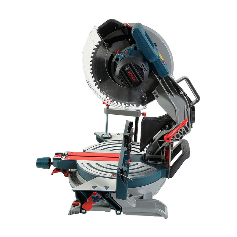 Bosch Compound Miter Saw, model GCM 12 JL, with a 305mm blade and a gray, red, and black color scheme.