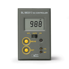 Hanna digital conductivity controller BL983313 with a gray body, a digital screen displaying a value, and buttons labelled 'OFF,' 'AUTO,' 'MEAS,' and 'CAL'.