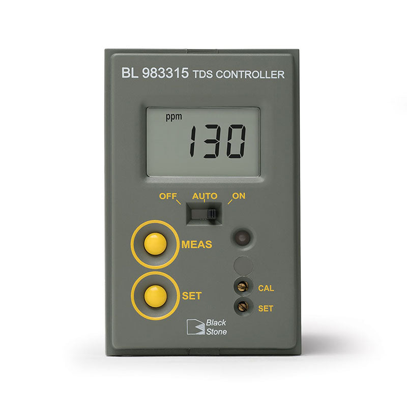 Digital Hanna TDS Mini Controller with a digital screen displaying a value, and buttons labeled MEAS, AUTO, and CAL.