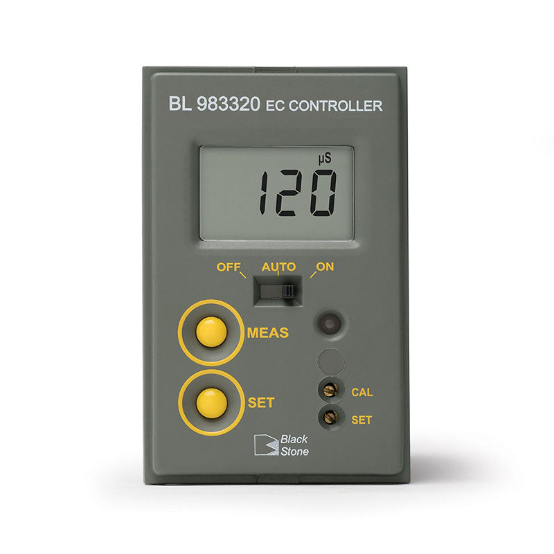 A digital mini conductivity controller BL983320 with a grey casing, a digital screen displaying a value, and several control buttons including 'OFF', 'AUTO', 'MEAS', and 'CAL'.