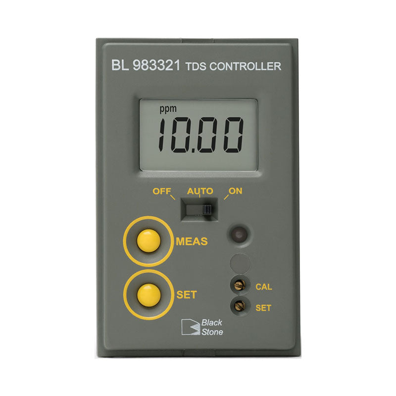 A digital Hanna Mini TDS Controller BL983321 with a gray casing, displaying a digital screen, and featuring yellow accented buttons for measurement and set functions.