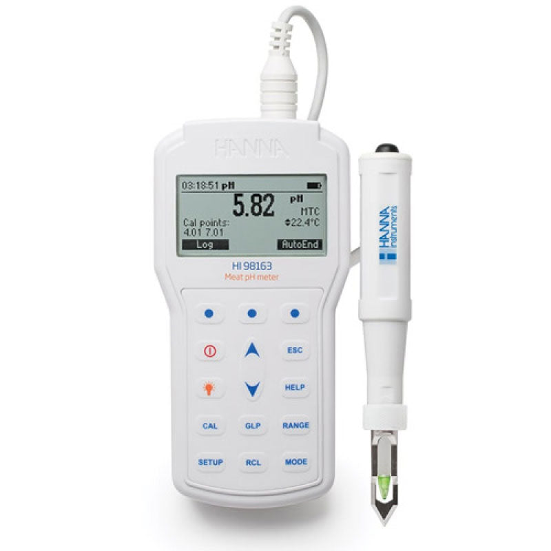 A professional portable pH meter Hanna HI98163 with a digital display and a meat electrode with a stainless steel piercing blade.