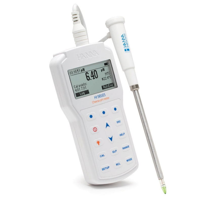 A professional portable pH meter HI98165 for cheeze with a digital display and a probe, primarily white in color.