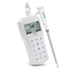 A professional portable pH meter HI98165 for cheeze with a digital display and a probe, primarily white in color.