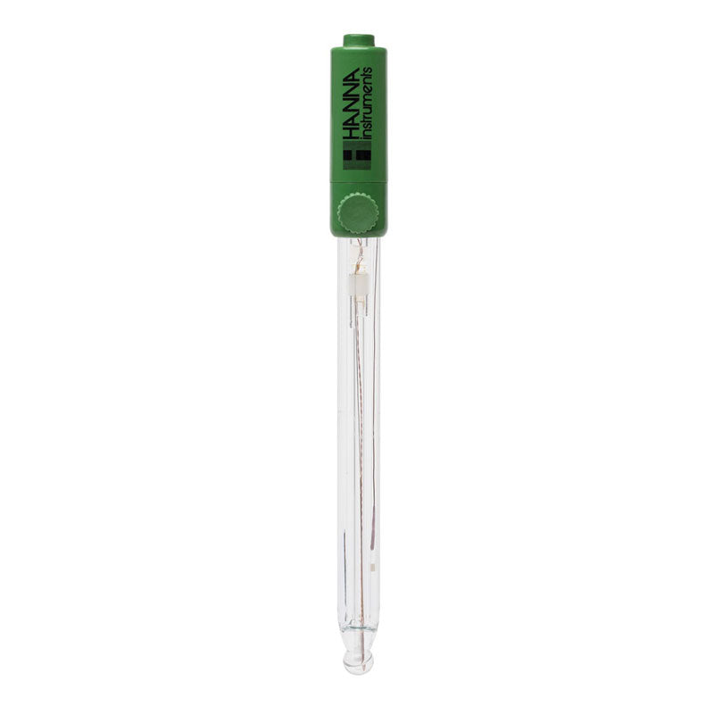 A Hanna brand pH electrode with a glass body and a green cap.