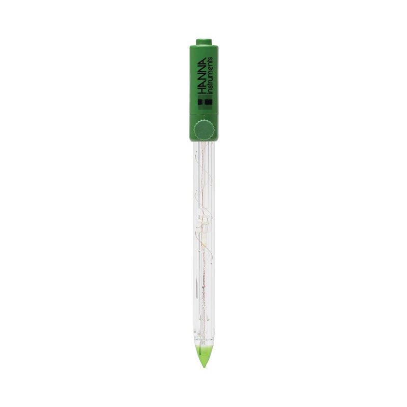 A Hanna brand pH electrode for direct soil measurement, with a green cap and a clear body.