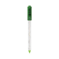 A Hanna brand pH electrode for direct soil measurement, with a green cap and a clear body.