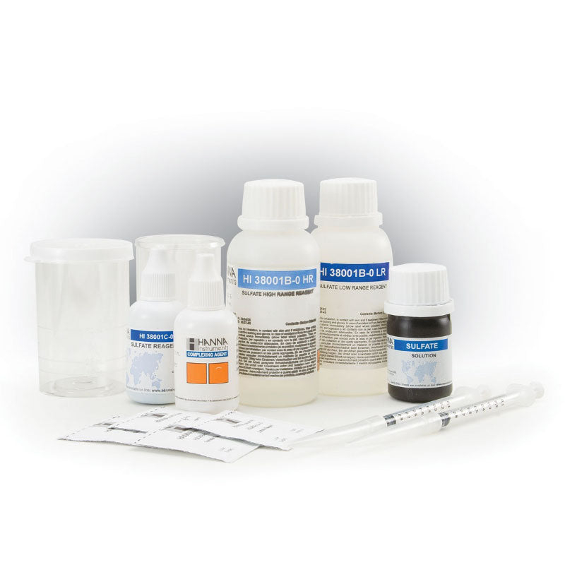 A sulfate test kit by Hanna, including bottles, beakers, syringes, and other laboratory supplies necessary for water testing.