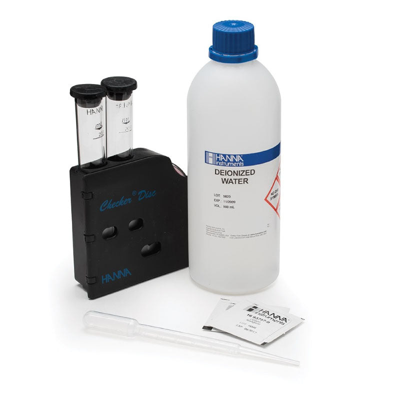 Hanna HI38054 ozone water testing kit with bottles, test tubes, and a device to measure ozone in water.