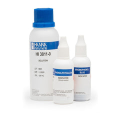 Three bottles of Hanna alkalinity test kit solutions HI3811, labeled for phenolphthalein and bromophenol blue indicators, against a white background.