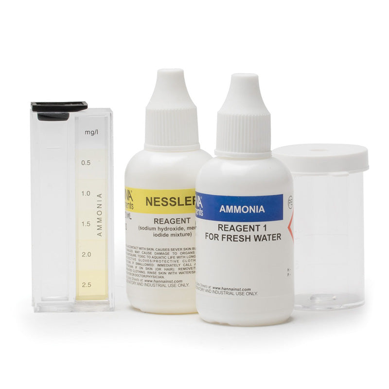 Hanna Ammonia Test Kit HI3824 for Freshwater, including reagents, color cube, and accessories, displayed on a white background.