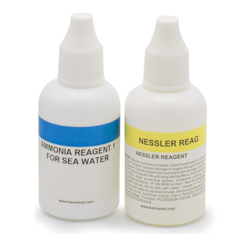 Two bottles labeled as 'Ammonia Reagent for Sea Water' and 'Nessler Reagent', with blue and yellow accents on the labels. Hanna HI3826 chemical test kit.