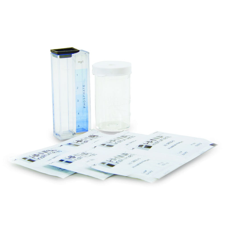Hanna Phosphate Test Kit HI3833 packaging with a colorimetric test tube, packets of reagents, and a comparison cube.