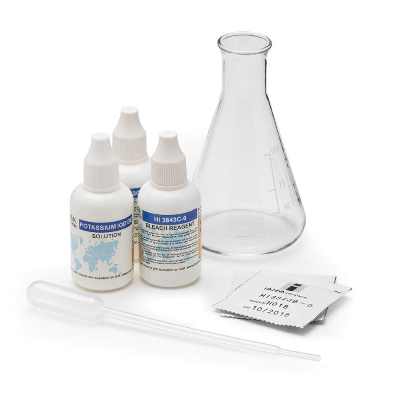 Hanna Hypochlorite Test Kit HI3843 with reagent bottles, a conical flask, a dropper, and a titrator's certificate.
