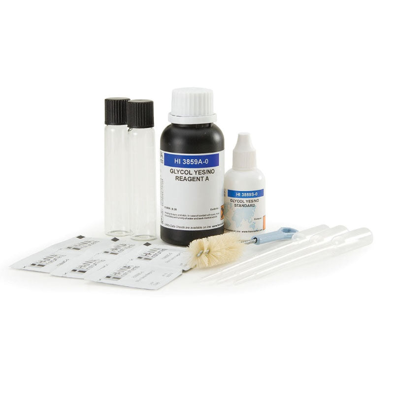 Hanna Glycol Test Kit with reagents HI3859 and tools for detecting the presence of ethylene glycol in water or oil samples, including a bottle of reagent, test tubes, and a colorimetric chart.