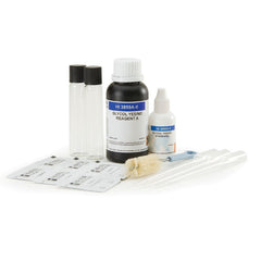 Hanna Glycol Test Kit with reagents HI3859 and tools for detecting the presence of ethylene glycol in water or oil samples, including a bottle of reagent, test tubes, and a colorimetric chart.
