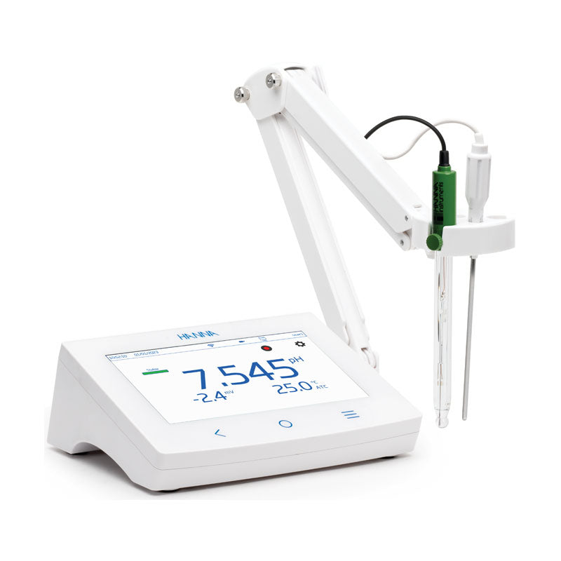 hanna benchtop advance pH/ORP meter in white body with holder for pH and temperature electrodes.