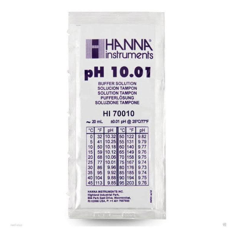 A sachet of Hanna Instruments pH 10.01 buffer solution, labeled as '20 ml' with a purple and white color scheme.