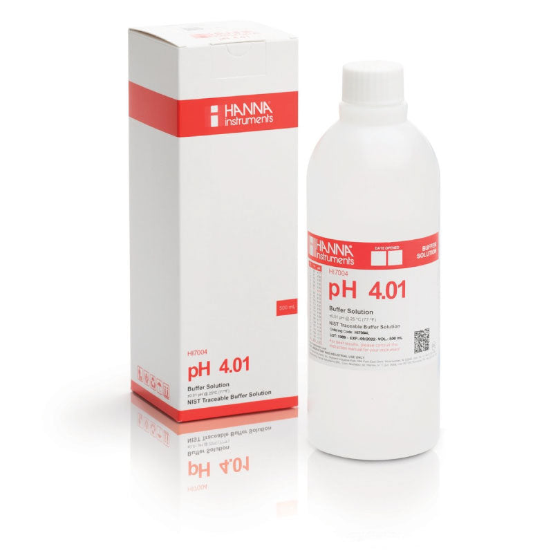 A bottle of Hanna HI7004L pH Buffer Solution 4.01 with a capacity of 500ml, next to its packaging box.