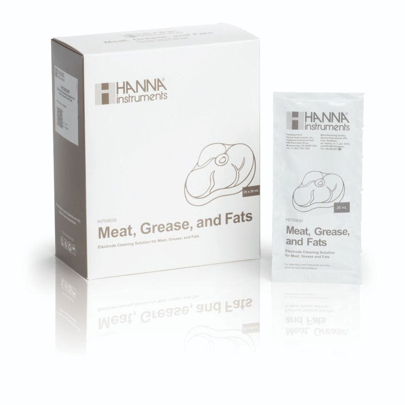 A product image showing Hanna Instruments' Grease and Fats Acid Cleaning Solution, with the packaging and a sachet of the product displayed.
