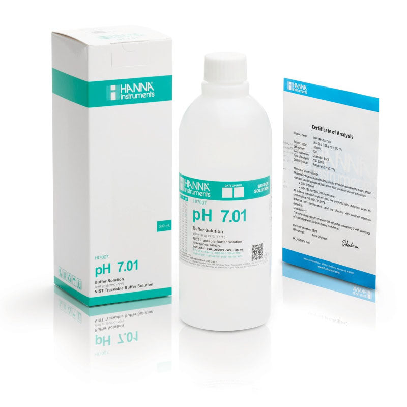 A bottle of Hanna pH HI7007L Buffer Solution 7.01 with a label and a box behind it, indicating the product is for laboratory use.