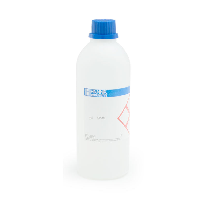 A 500ml bottle of Hanna Conductivity Buffer Solution HI7031L with a blue cap and a label that includes the product name and other details.