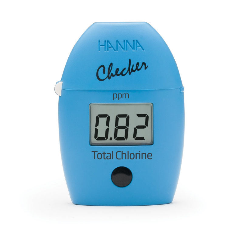 A blue handheld digital colorimeter with the label 'HANNA Checker ppm' and 'Total Chlorine' on it, displaying a numerical value on its screen.