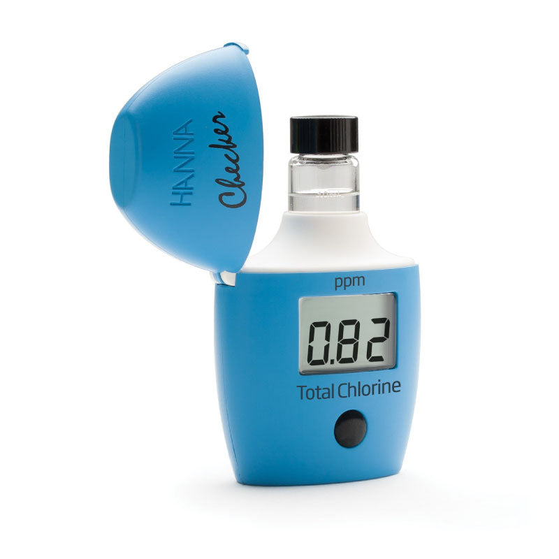 A blue handheld digital colorimeter HI711 with the label 'HANNA Checker ppm' and 'Total Chlorine' on it, displaying a numerical value on its screen.