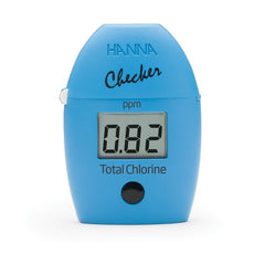 A blue handheld digital colorimeter with the label 'HANNA Checker ppm' and 'Total Chlorine' on it, displaying a numerical value on its screen.