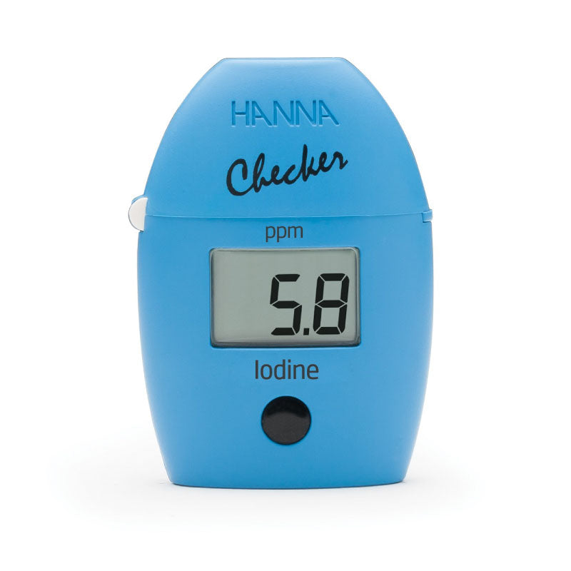 Hanna Iodine Handheld Colorimeter with a digital display showing ppm concentration, housed in a blue casing with a protective cap on the left side.
