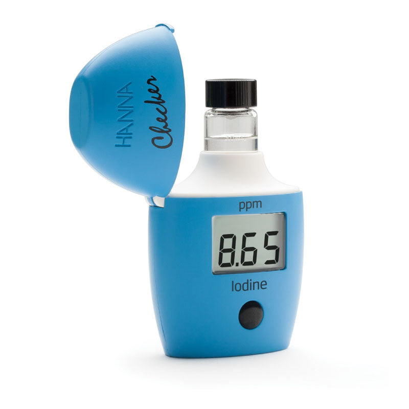 Hanna Iodine Handheld checker HI718 with a digital display showing ppm concentration, housed in a blue casing with a protective cap on the left side.