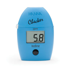 Hanna Iodine Handheld Colorimeter with a digital display showing ppm concentration, housed in a blue casing with a protective cap on the left side.