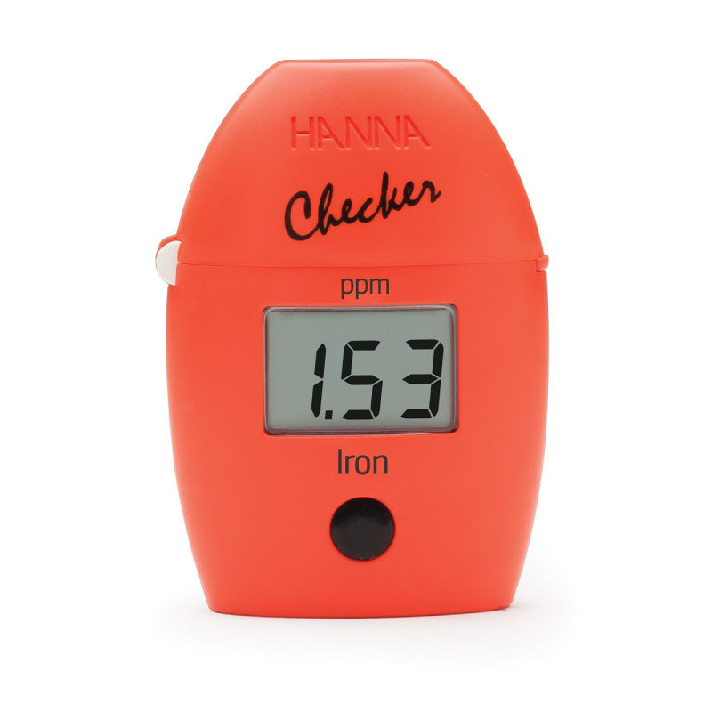 A red Hanna Iron HR Handheld Colorimeter with a digital display showing iron levels in ppm.