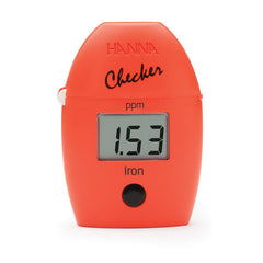 A red Hanna Iron HR Handheld Colorimeter with a digital display showing iron levels in ppm.