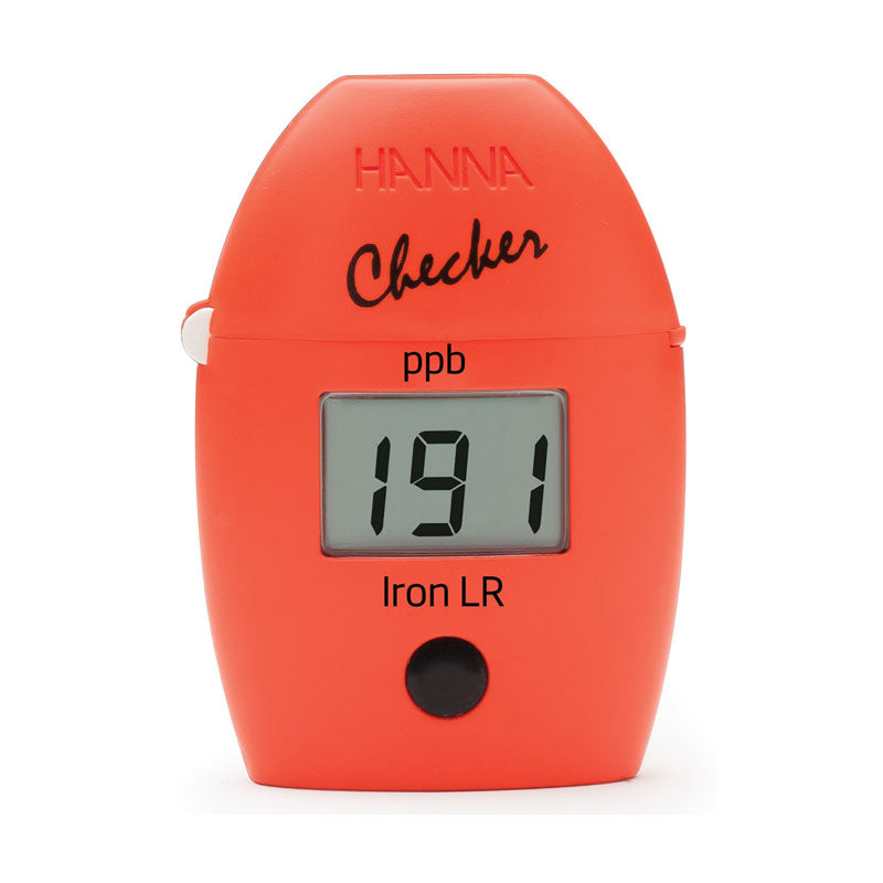 Orange Hanna Checker for Iron LR HI746 with digital display on a white background