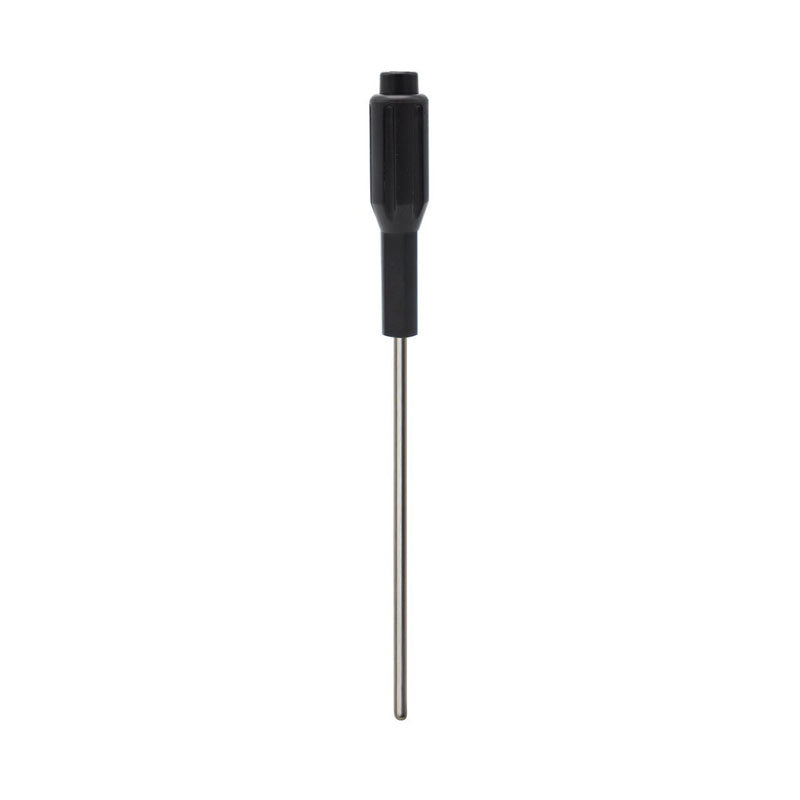 A stainless steel temperature probe with a black protective cap at the end.